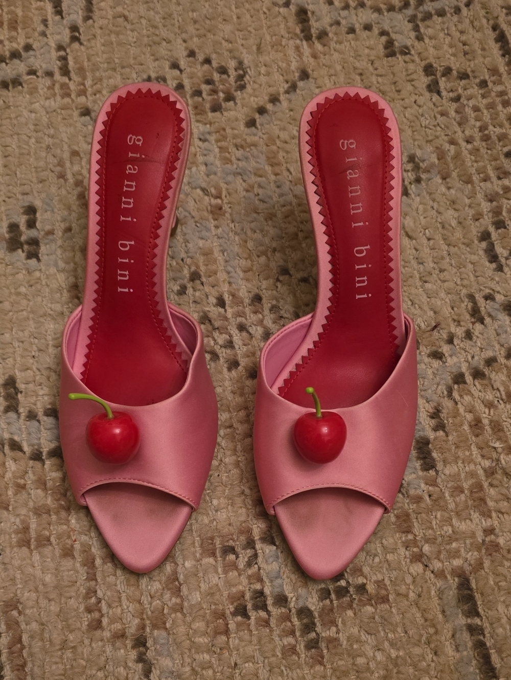 Gianni Bini Pink Satin Open-Toe Mules with Cherry Accent